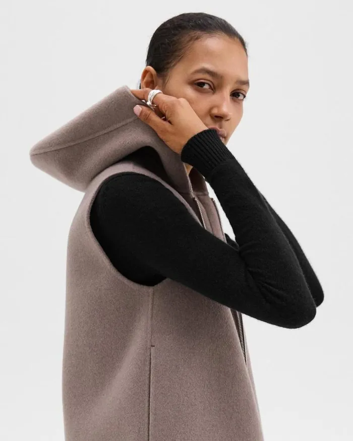 Outerwear Women Theory Hooded ZipUp Vest In DoubleFace WoolCashmere Cinder Melange