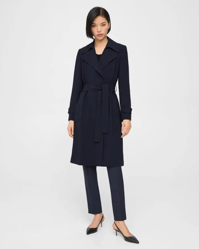Outerwear Women Theory Oaklane Trench Coat In Admiral Crepe Nocturne Navy