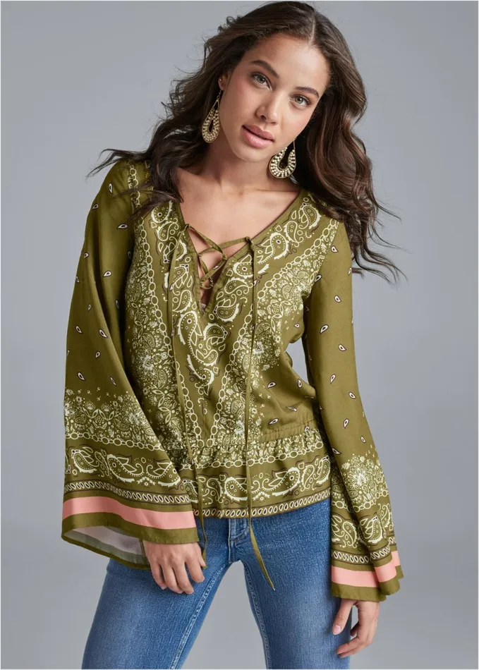 PAISLEY BELL SLEEVE TOP Green Multi Women VENUS Casual Tops