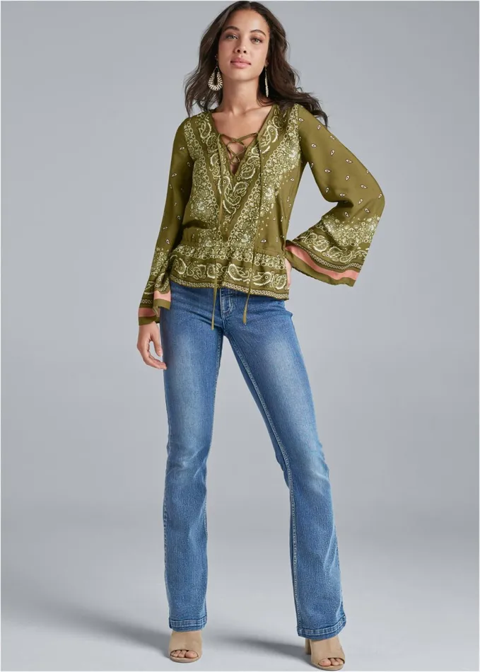 PAISLEY BELL SLEEVE TOP Green Multi Women VENUS Casual Tops