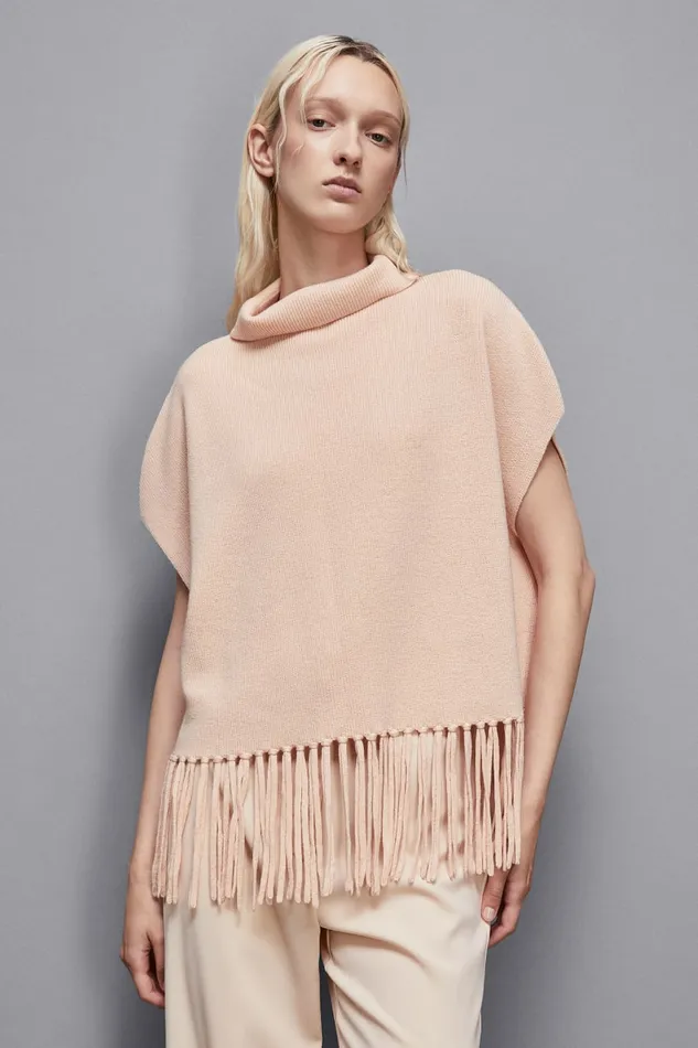Patrizia Pepe Scarves Organic Wool Fringed Poncho Beige 8211 Women