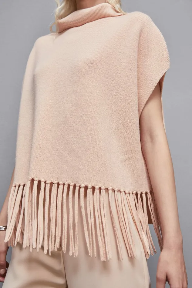 Patrizia Pepe Scarves Organic Wool Fringed Poncho Beige 8211 Women