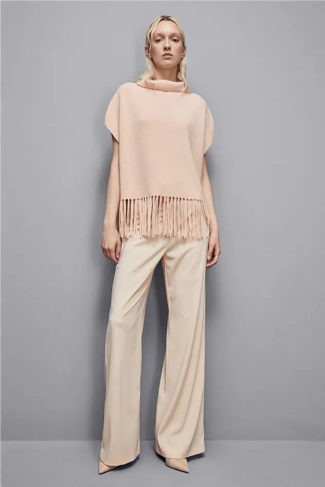 Patrizia Pepe Scarves Organic Wool Fringed Poncho Beige 8211 Women
