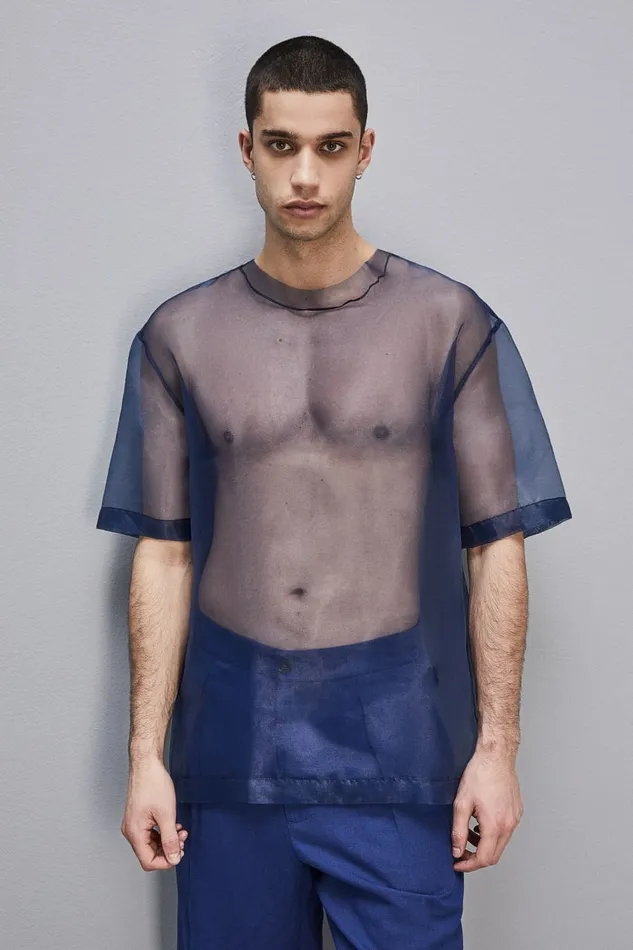 Patrizia Pepe Tops and Shirts Boxy Short Sleeve TShirt With Raw Cut Hem Blue 8211 Men