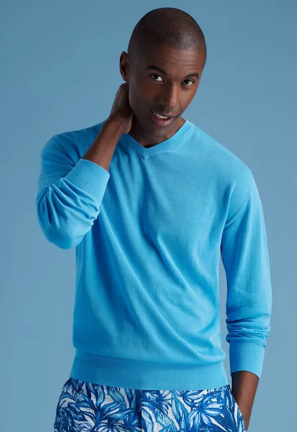 Paulstuart Sweaters Mens Fine Gauge Cotton VNeck Sweater Iris