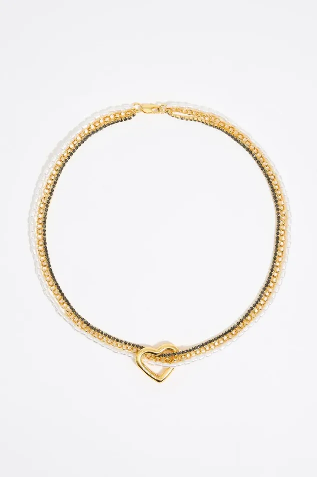 Pearl Multichain Heart Necklace With Gold Crystals Gold Women Bimba Y Lola Jewelry Pearl Multichain Heart Necklace With Gold Crystals Gold Women Bimba Y Lola Jewelry