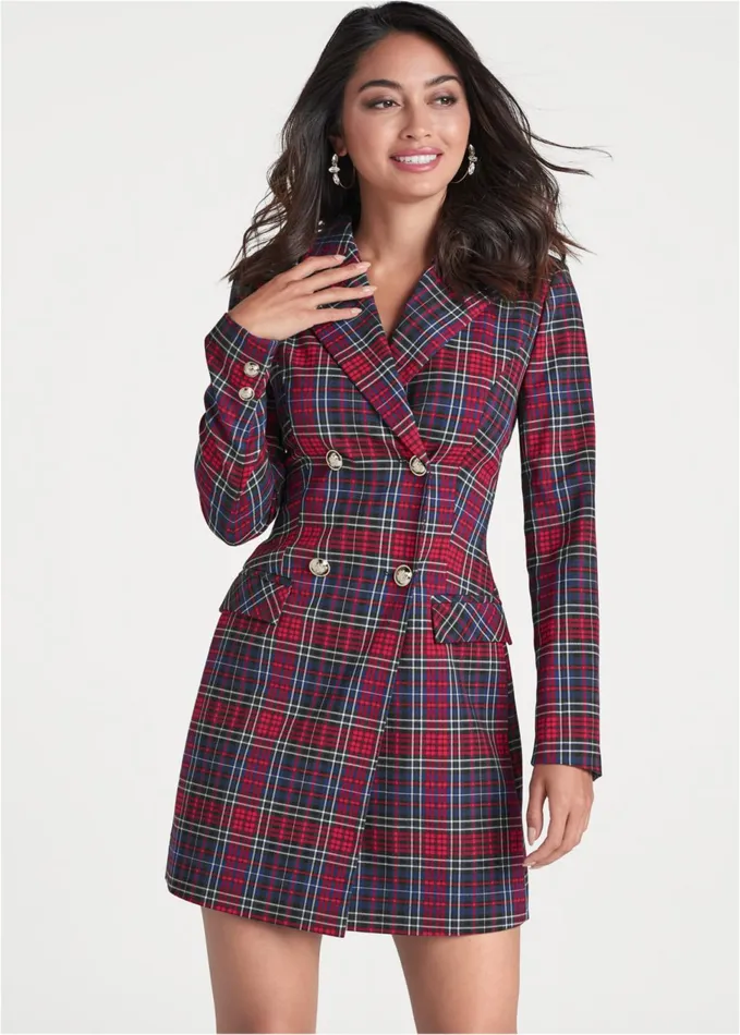 PLAID PRINT BLAZER DRESS Navy Multi Women VENUS Short Dresses