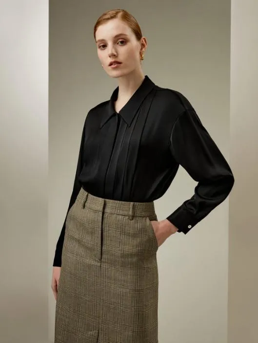 Pleated ShirtCollar Silk Blouse Women Blouses Lilysilk Shirts