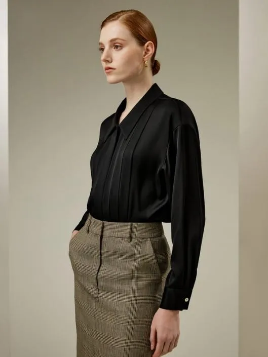 Pleated ShirtCollar Silk Blouse Women Blouses Lilysilk Shirts