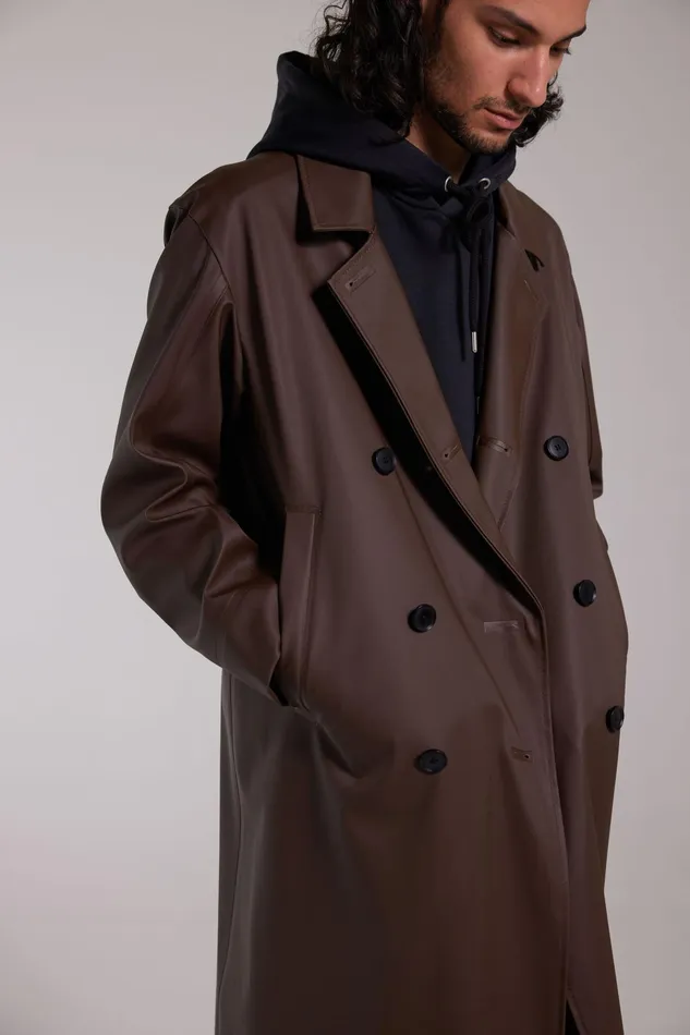 Raincoats Men Stutterheim Rosenbad Long Double Breasted Overcoat Dark Brown