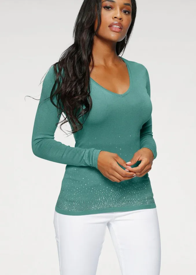 RHINESTONE VNECK SWEATER Green Women VENUS Pullover