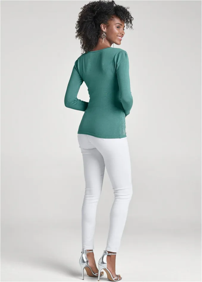 RHINESTONE VNECK SWEATER Green Women VENUS Pullover