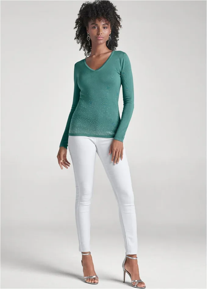 RHINESTONE VNECK SWEATER Green Women VENUS Pullover