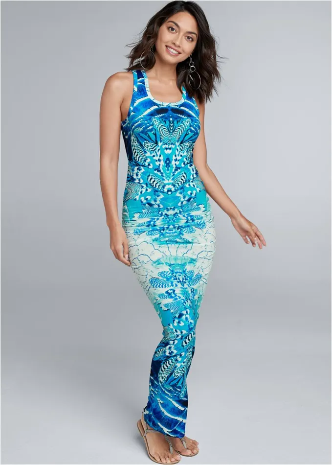 RUCHED PRINTED MAXI DRESS Blue Multi Women VENUS Maxi Dresses