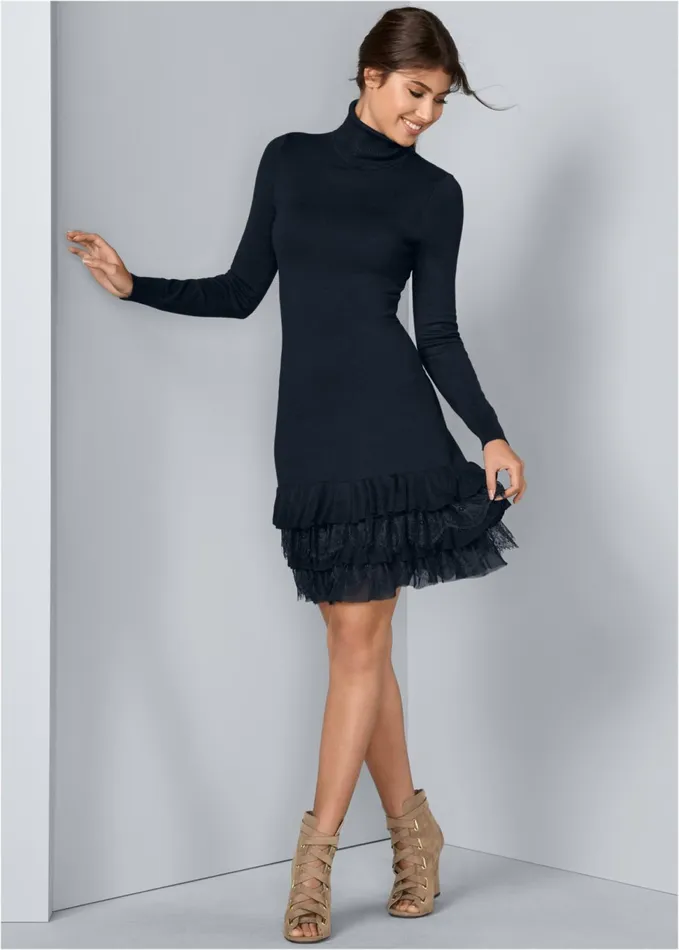 RUFFLE HEM SWEATER DRESS Navy Women VENUS Midi Dresses