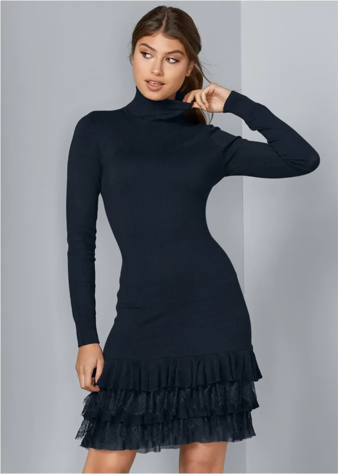 RUFFLE HEM SWEATER DRESS Navy Women VENUS Midi Dresses