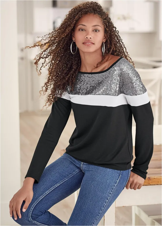 SEQUIN COLOR BLOCK TOP Black Multi Women VENUS Tops