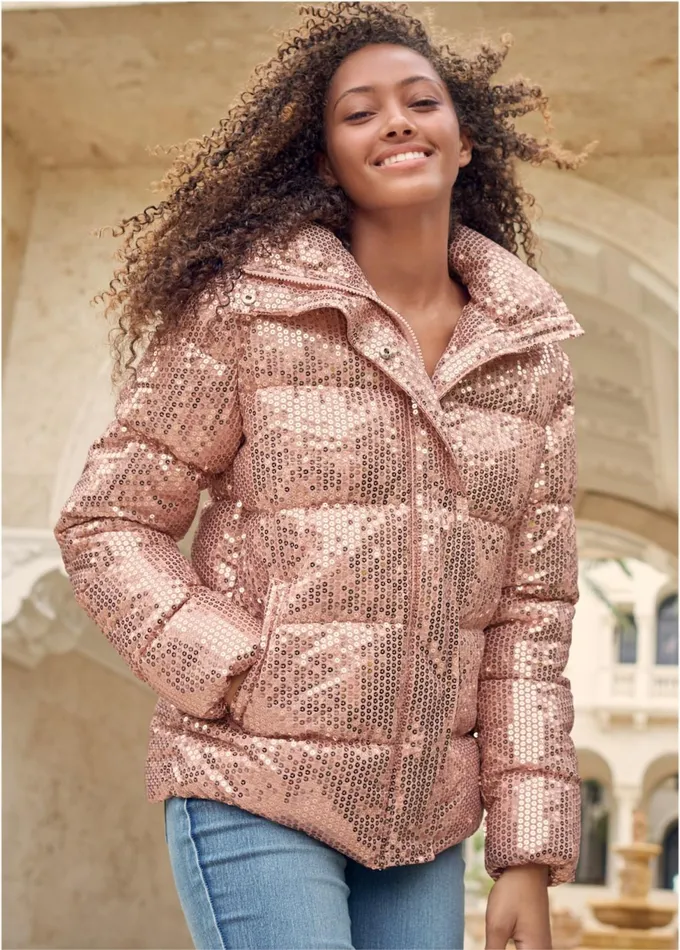 SEQUIN PUFFER JACKET Rose Gold Women VENUS Jackets