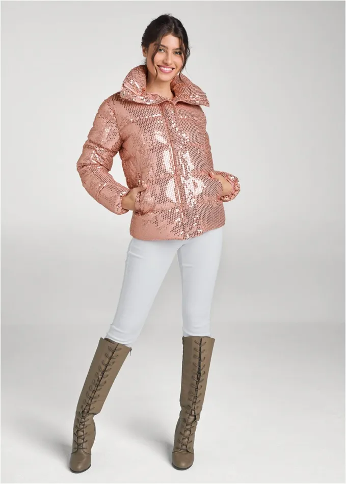 SEQUIN PUFFER JACKET Rose Gold Women VENUS Jackets
