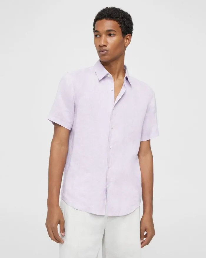 Shirts Men Theory Irving ShortSleeve Shirt In Relaxed Linen Misty Haze