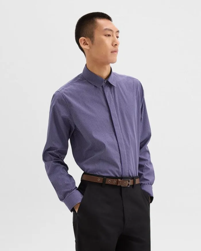 Shirts Men Theory Straight Shirt In Striped CottonBlend Marinalight Grey Multi