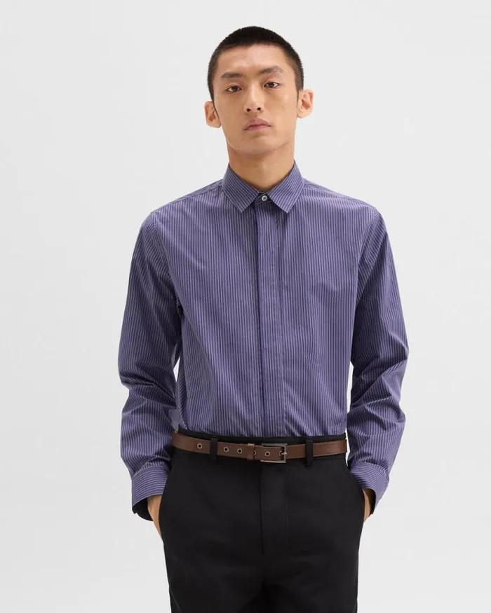 Shirts Men Theory Straight Shirt In Striped CottonBlend Marinalight Grey Multi