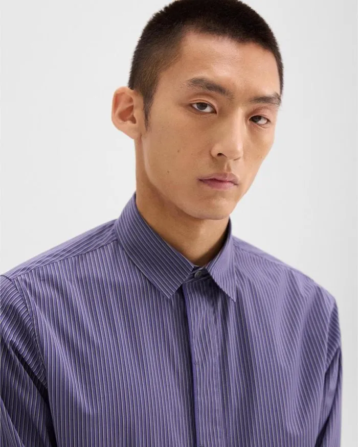 Shirts Men Theory Straight Shirt In Striped CottonBlend Marinalight Grey Multi