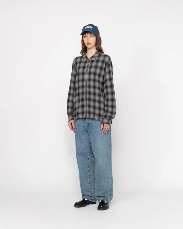 Shirts MenWomen Stussy ZIP SHIRT TWISTED YARN PLAID Charcoal