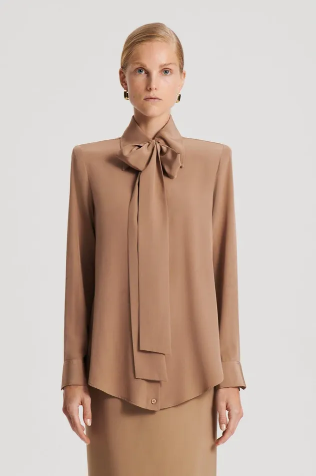 Shirts Women Scanlan Theodore SILK SHOULDER PAD SHIRT Camel Shirts Women Scanlan Theodore SILK SHOULDER PAD SHIRT Camel