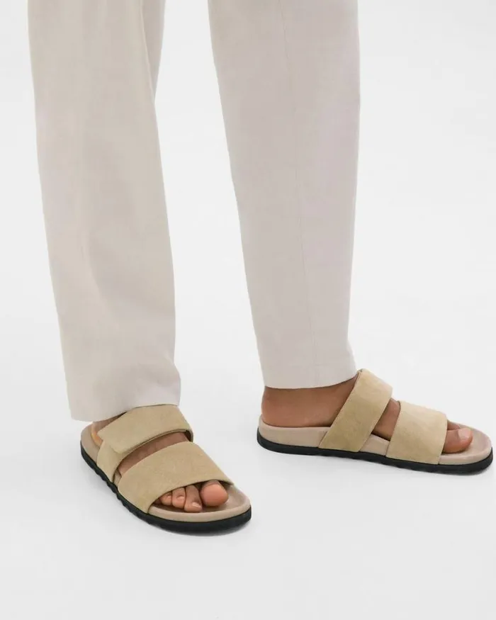 Shoes Men Theory Banded Slide Sandals In Suede Sand