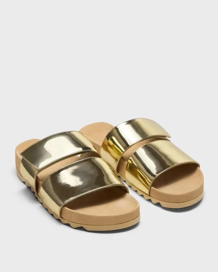 Shoes Women Theory Slide Sandals In Metallic Leather Light Gold