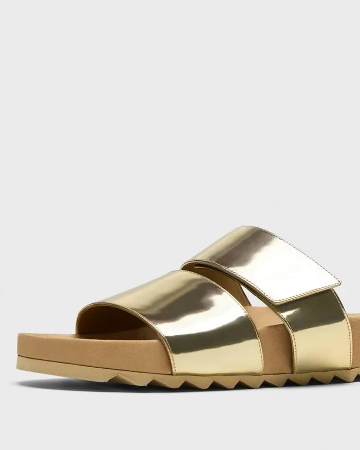 Shoes Women Theory Slide Sandals In Metallic Leather Light Gold