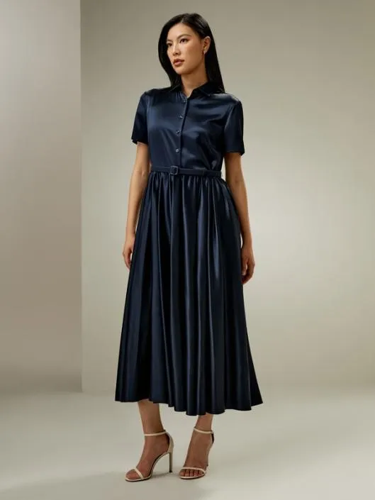 Short Sleeve Silk Shirt Dress With Belt Women Jumpsuits Lilysilk Dresses