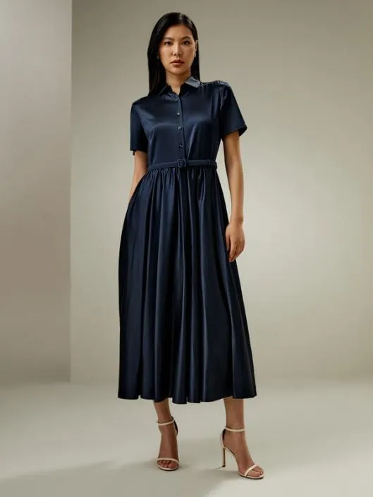 Short Sleeve Silk Shirt Dress With Belt Women Jumpsuits Lilysilk Dresses