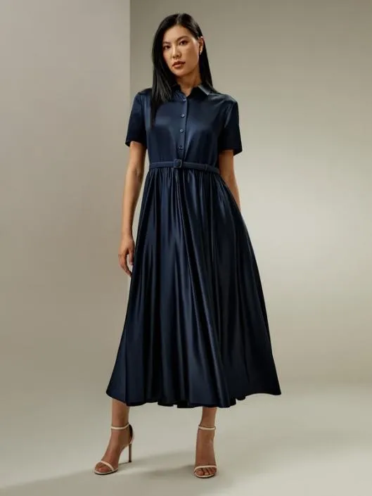 Short Sleeve Silk Shirt Dress With Belt Women Jumpsuits Lilysilk Dresses