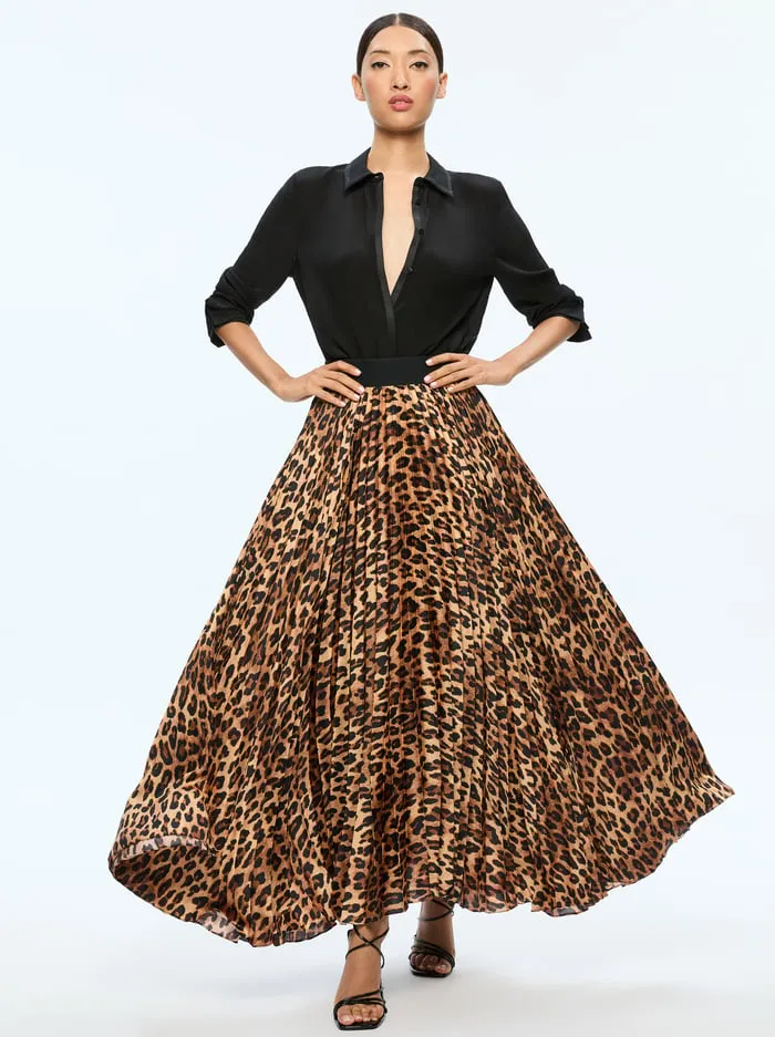 Skirts Women Alice Olivia Katz Maxi Pleated Skirt Spotted Leopard Dark Tan