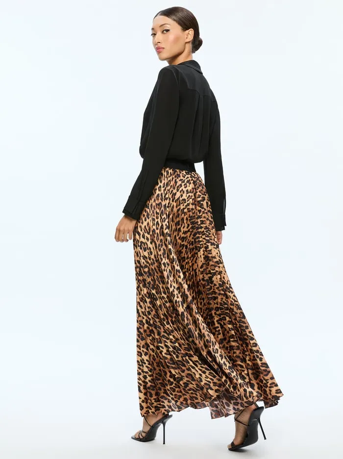 Skirts Women Alice Olivia Katz Maxi Pleated Skirt Spotted Leopard Dark Tan