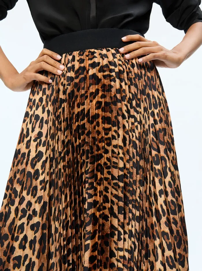 Skirts Women Alice Olivia Katz Maxi Pleated Skirt Spotted Leopard Dark Tan