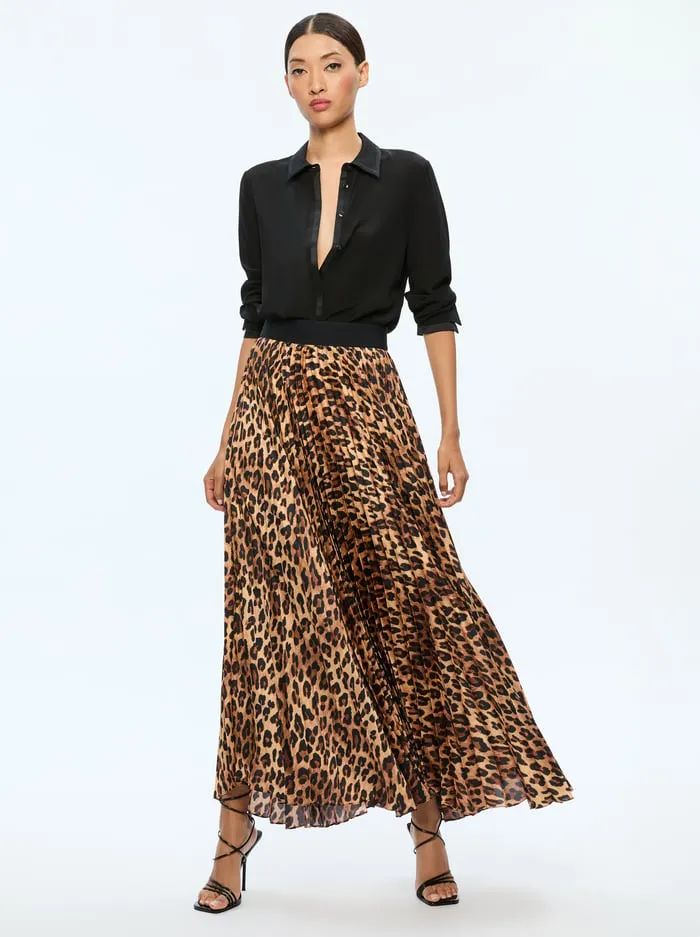 Skirts Women Alice Olivia Katz Maxi Pleated Skirt Spotted Leopard Dark Tan