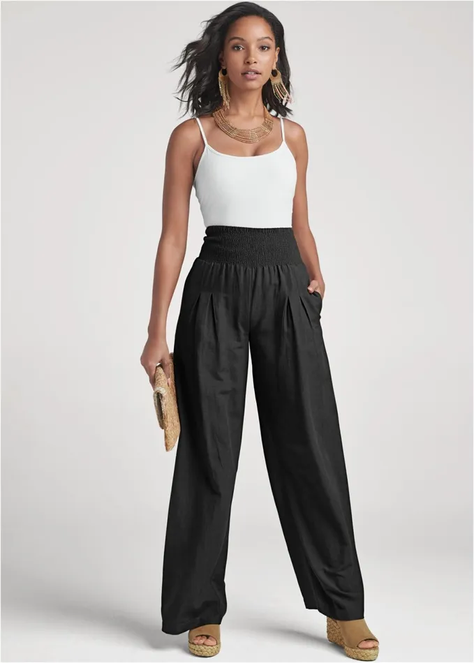 SMOCKED WAIST WIDE LEG PANTS Black Women VENUS Casual