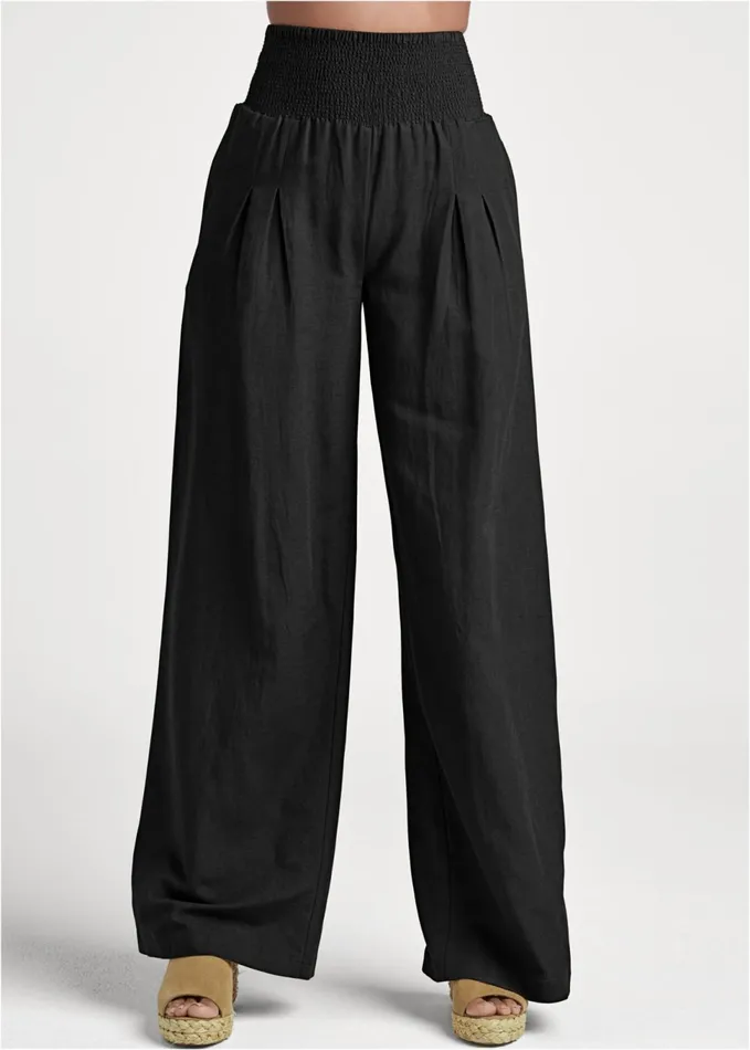 SMOCKED WAIST WIDE LEG PANTS Black Women VENUS Casual
