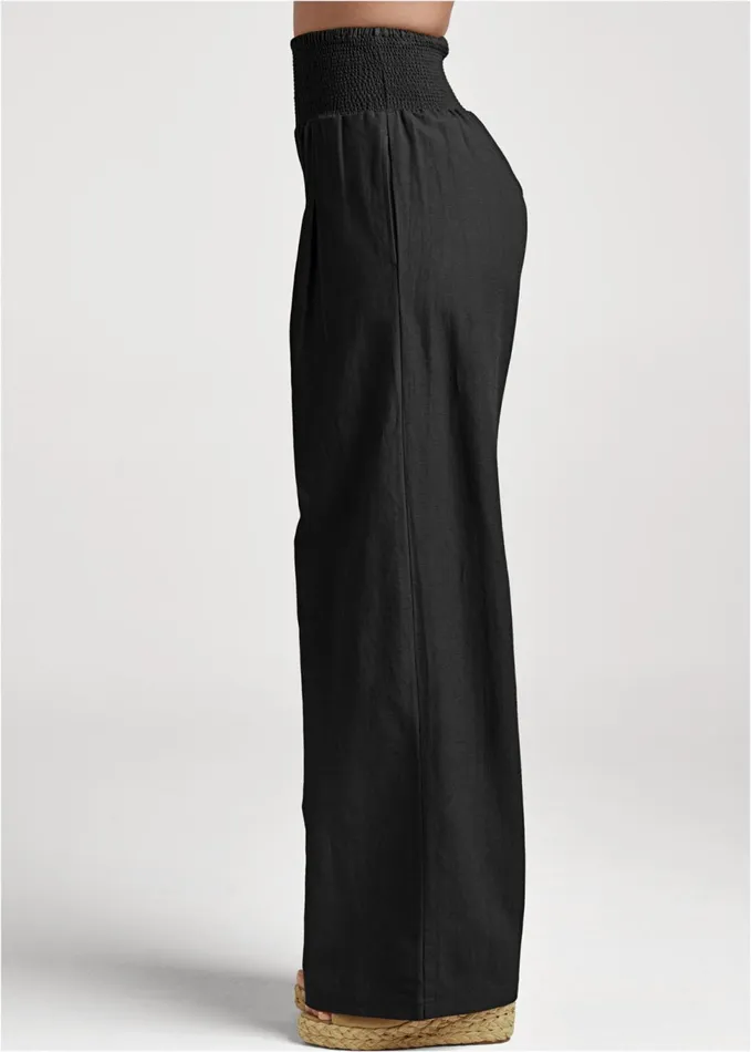 SMOCKED WAIST WIDE LEG PANTS Black Women VENUS Casual