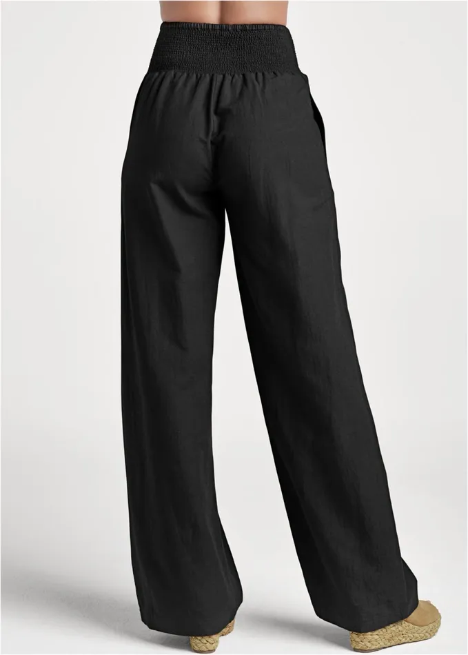 SMOCKED WAIST WIDE LEG PANTS Black Women VENUS Casual