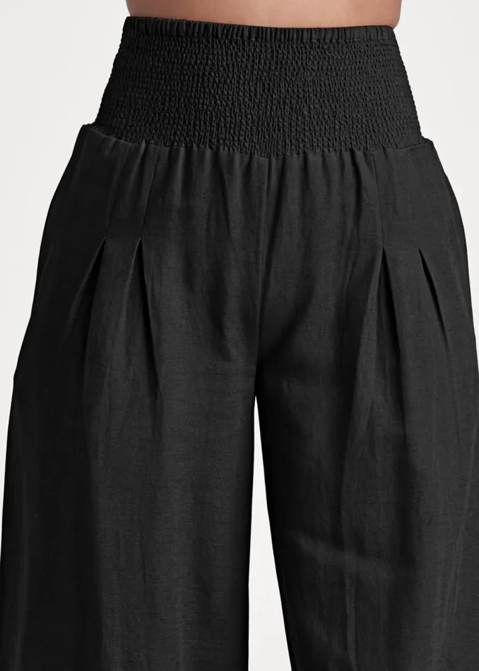 SMOCKED WAIST WIDE LEG PANTS Black Women VENUS Casual