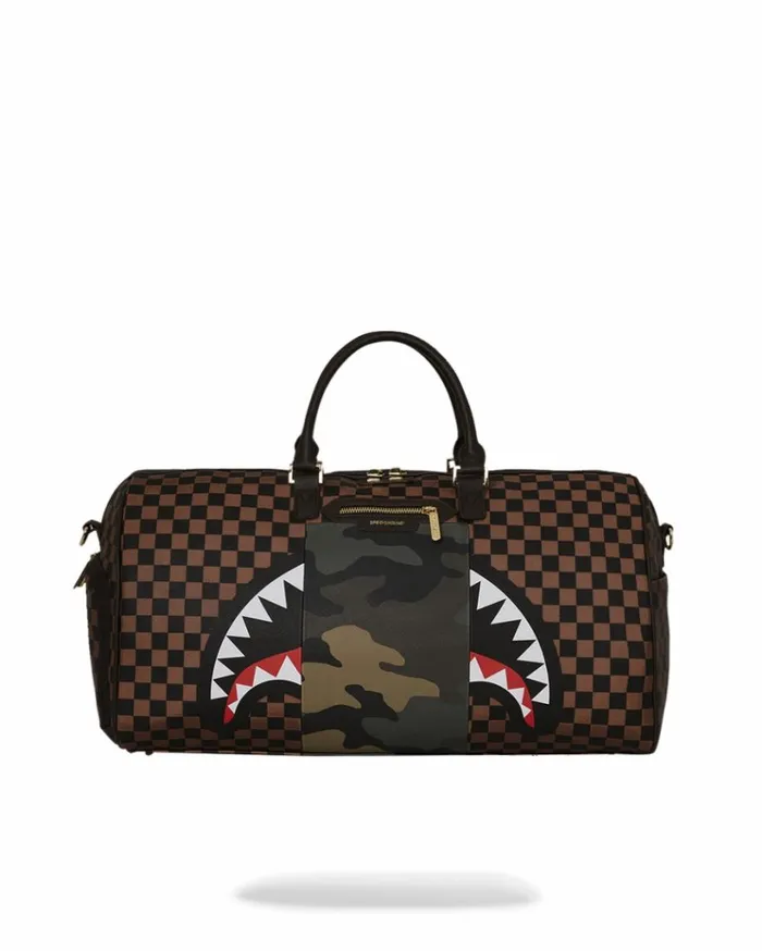 SPRAYGROUND EXTERIOR GOLD ZIP POCKET SHARKS IN PARIS DUFFLE Bags