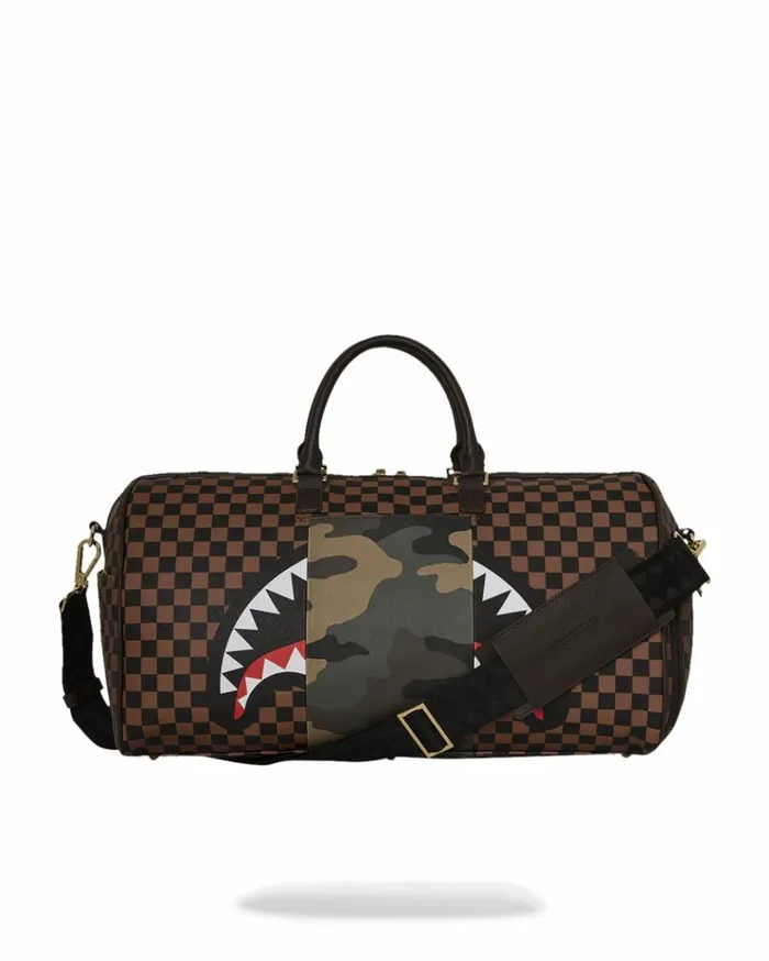 SPRAYGROUND EXTERIOR GOLD ZIP POCKET SHARKS IN PARIS DUFFLE Bags