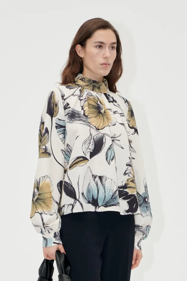 Stine Goya Tops and Shirts Gathered Long Sleeve Top 8211 Fine Line Poppies 8211 Women