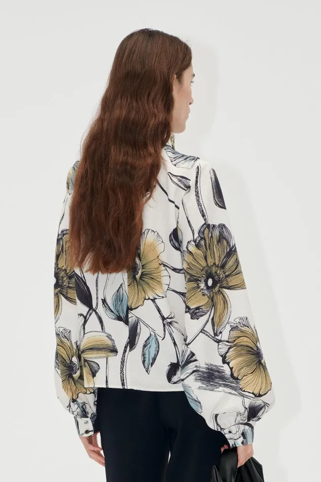 Stine Goya Tops and Shirts Gathered Long Sleeve Top 8211 Fine Line Poppies 8211 Women