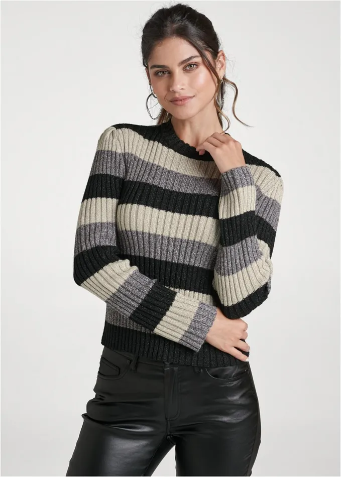 STRIPED RIBBED SWEATER Black Multi Women VENUS Pullover