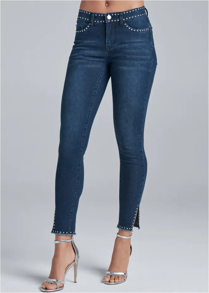 STUDDED HEM JEANS Dark Wash Women VENUS Novelty Jeans